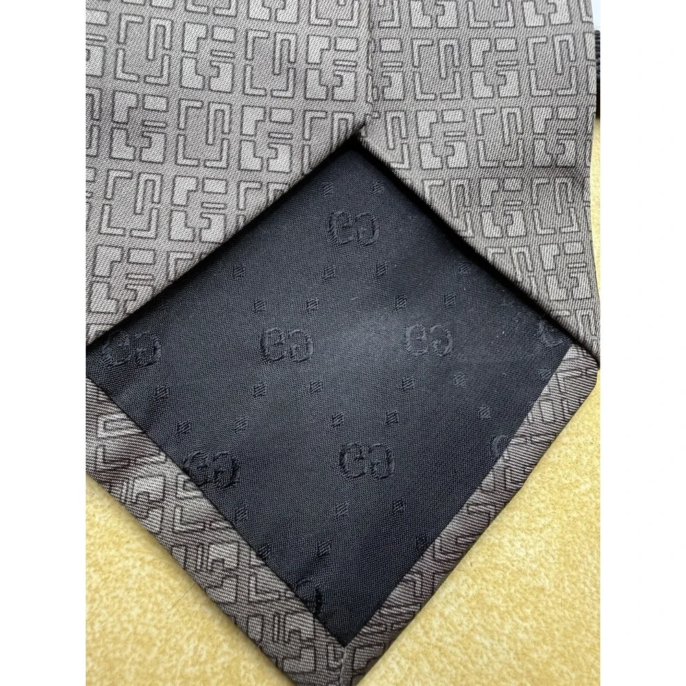 Gucci Silk Tie Italy Taupe Brown Geometric Monogram Jacquard Luxury GG